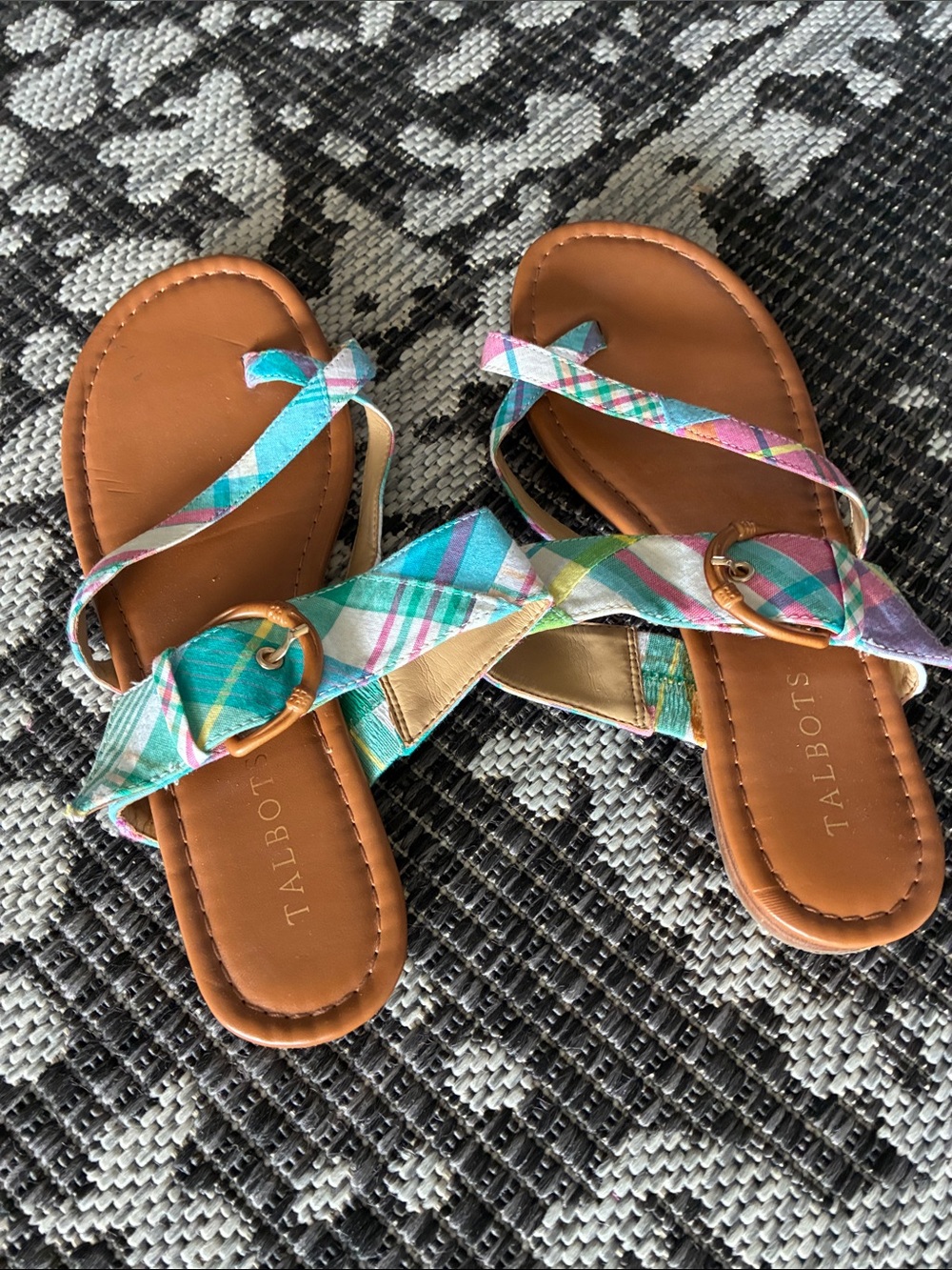 Talbots Women’s Plaid Multi-Color Strappy Sandals in Brown